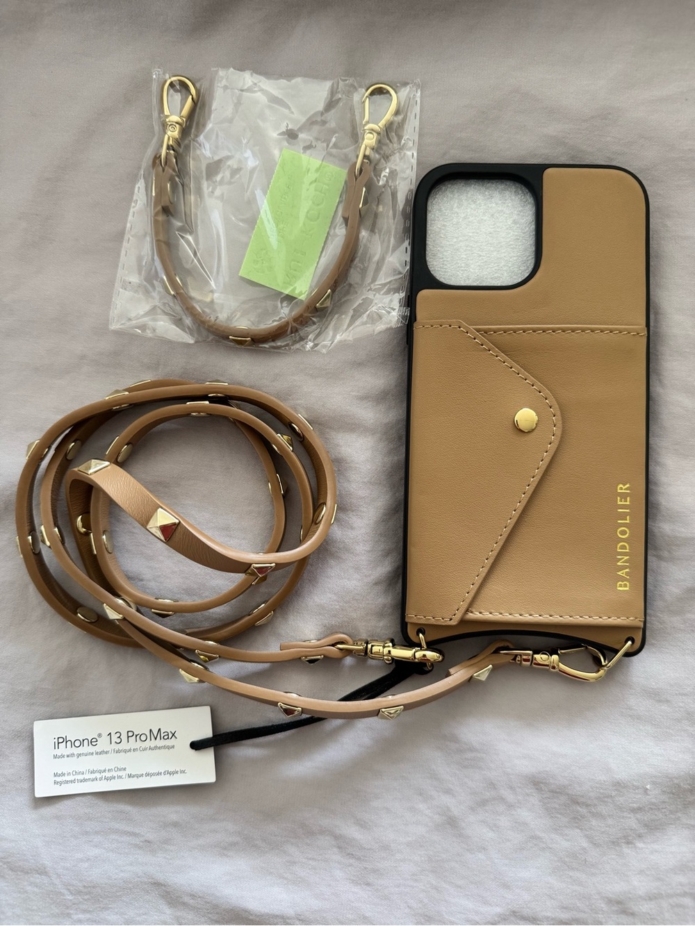 Bandolier Tan Leather Crossbody Phone Case with Gold Hardware